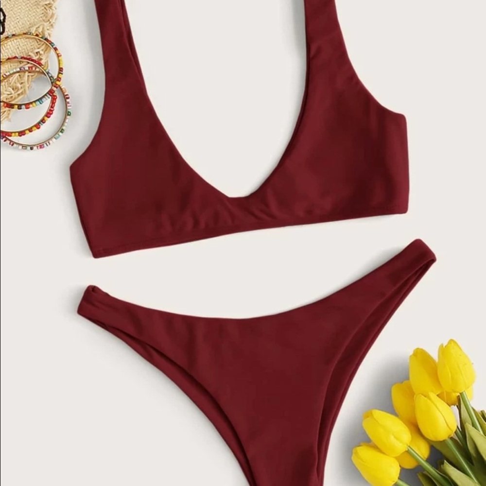 NWT maroon/burgundy plain cheeky bikini swimsuit